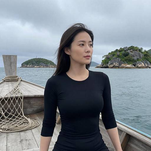 Asian Woman on Wooden Boat with Island Background