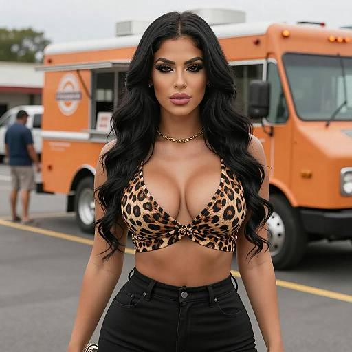 Photograph of a curvy woman with long black hair, wearing a leopard-print bralette and black high-waisted pants, standing in front of