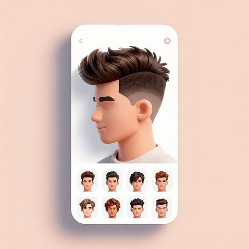3D digital portrait of a young man with styled brown hair, side undercut, and six additional hairstyle options below.