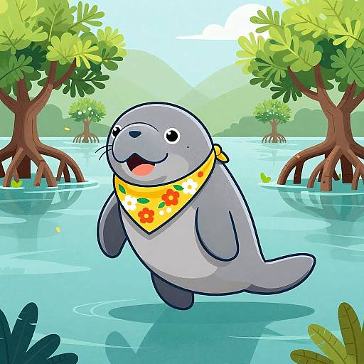 Joyful Cartoon Manatee in Mangrove River