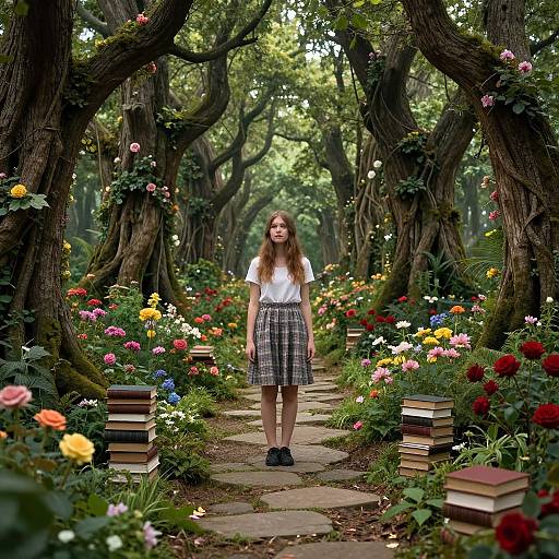 Photograph of a young woman with long brown hair in a white blouse and plaid skirt, standing in a enchanted forest path lined with colorful flowers and