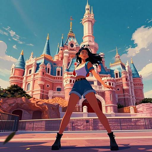Digital artwork of a confident, dark-haired woman in a white crop top and denim shorts, standing in front of a vibrant, pink and blue castle under