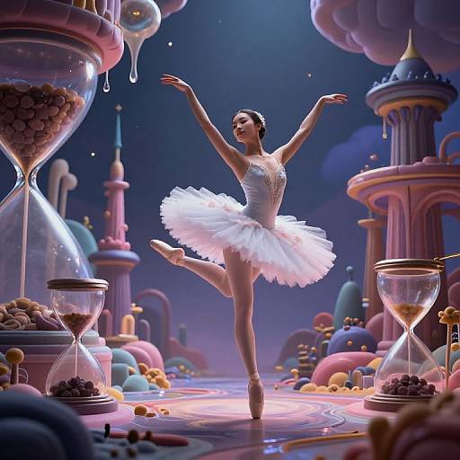 Digital art of a ballerina in a white tutu, standing en pointe, surrounded by giant hourglasses and colorful, whimsical buildings
