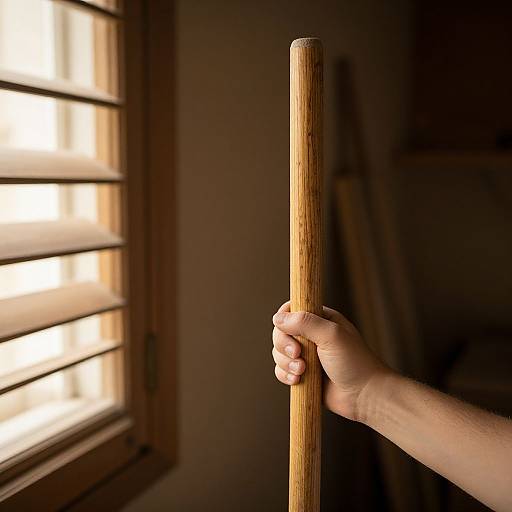 Photograph of a hand gripping a wooden broom handle, sunlight streaming through wooden blinds in the background, creating a warm, shadowy contrast.