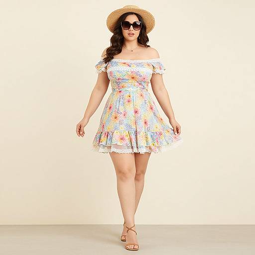 Photograph of a curvy woman with long dark hair, wearing a straw hat, off-shoulder floral dress, and sunglasses, walking in sandals