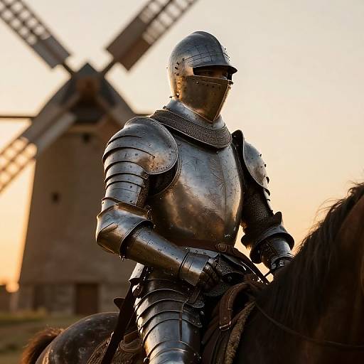 Photograph of a silhouetted medieval knight in shiny, reflective armor, riding a horse, with a windmill in the warm sunset background.