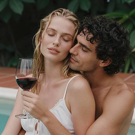 Intimate Couple Embrace with Wine