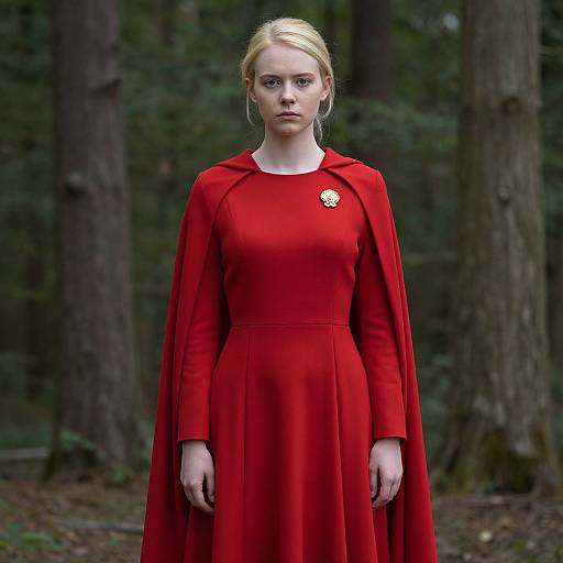 Photograph of a pale-skinned, blonde woman with serious expression, wearing a vibrant red long-sleeve dress with a gold brooch, standing