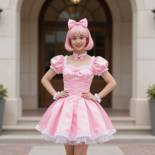 Photograph of an Asian woman with pink bob haircut, wearing a pink satin and lace lolita dress, standing in front of a grand building entrance.