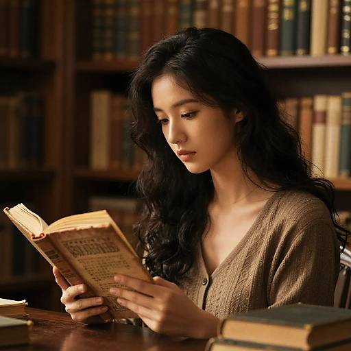 Black-Haired Girl Reading Ancient Book