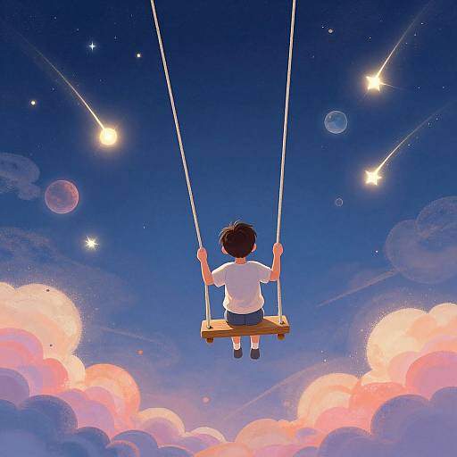 Digital illustration of a child with short black hair, wearing a white shirt and blue shorts, swinging high above colorful clouds, under a starry, cosmic