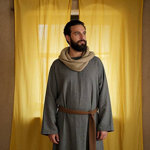 Serene Bearded Man by Yellow Curtain