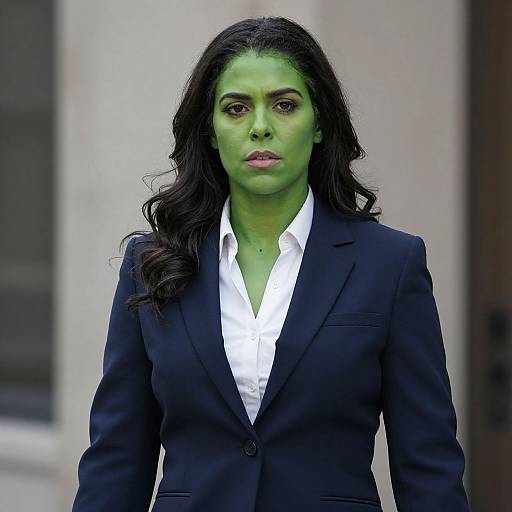 Photograph of a green-skinned woman with long black hair, wearing a black blazer over a white shirt, standing against a blurred urban background.