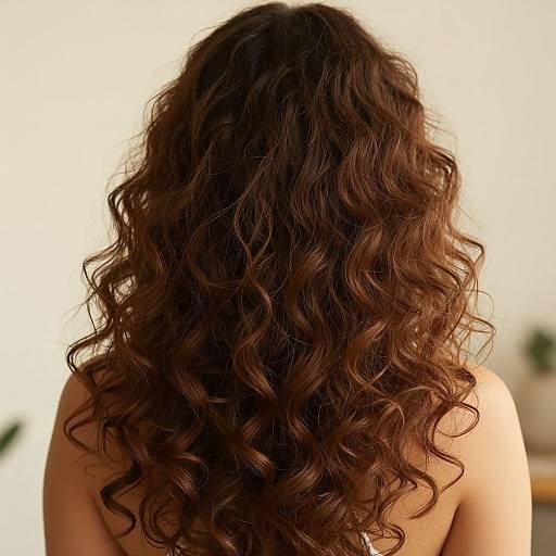 Photograph of a woman with long, wavy brown hair covering her back, against a softly blurred white background.