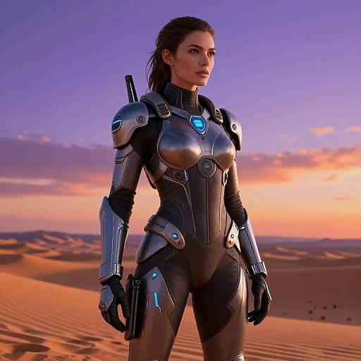 Photorealistic CGI of a strong, brown-haired woman in futuristic black and silver armor standing in a vibrant desert sunset.
