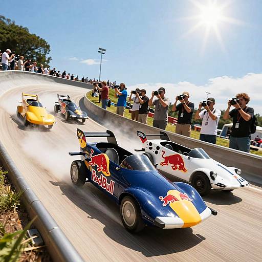 Photograph of a sunny racetrack with three Red Bull-sponsored Formula cars racing on a curved track, surrounded by cheering spectators and photographers.