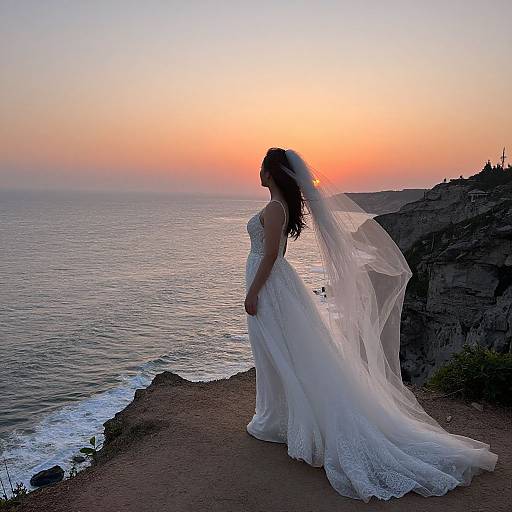 Photograph of a bride in a white lace wedding dress and veil, silhouetted against a sunset over a rocky ocean cliff.