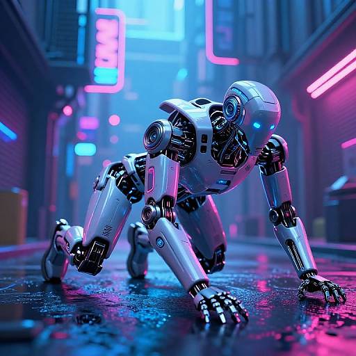 Cybernetic robot on all fours in neon-lit, futuristic city alley, with glowing blue and pink lights reflecting off wet pavement.