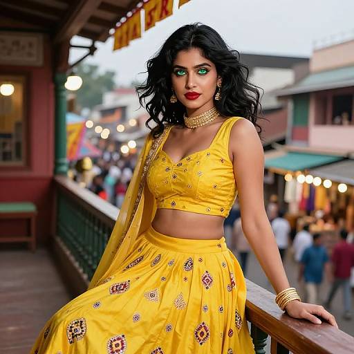 Photograph of a beautiful South Asian woman with long black hair, green eyes, and red lipstick, wearing a yellow embroidered crop top and skirt, sitting