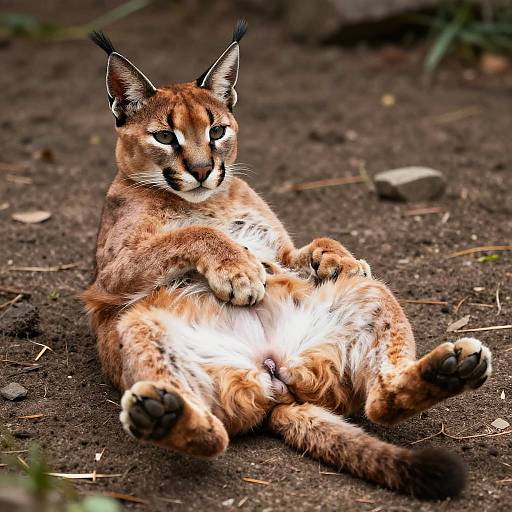 Photograph of a relaxed Eurasian lynx lying on its back on dark soil, showcasing its light brown fur, black-tufted ears, white