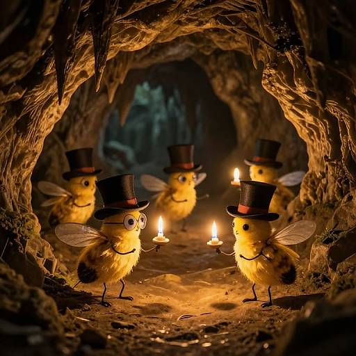 Whimsical Fireflies in Illuminated Cavern