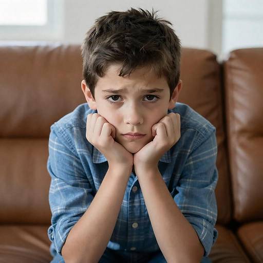 Sad Boy Sitting on Brown Leather Couch