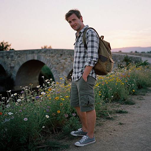Photograph of a smiling man with short brown hair, wearing a plaid shirt, green cargo shorts, sneakers, and a brown backpack, standing on