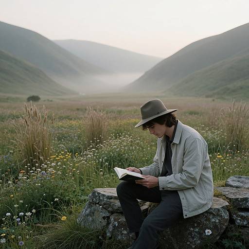 Photograph: Young man in beige jacket and brown hat reads a book on a mossy rock, surrounded by wildflowers and misty hills.