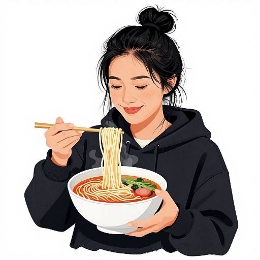 Digital illustration of an Asian woman with black hair in a bun, wearing a black hoodie, eating ramen noodles with chopsticks, smiling, against a white