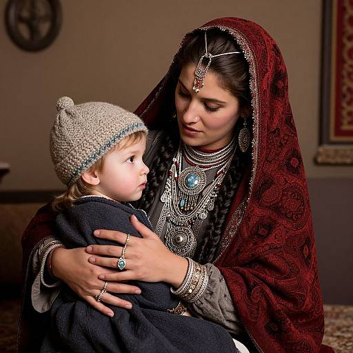 Photograph of a South Asian woman in ornate traditional attire, holding a young boy in a knitted hat, both adorned with jewelry, in a