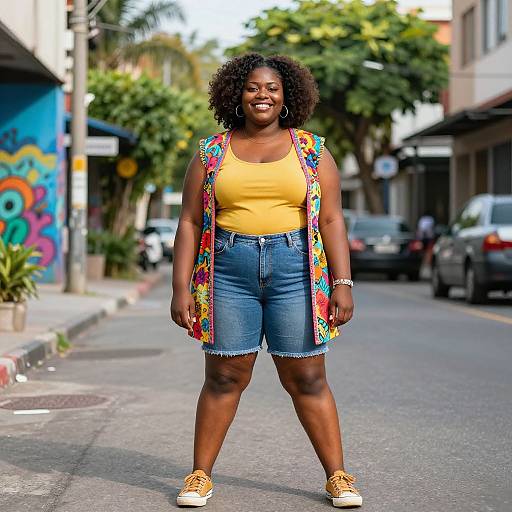Photograph of a smiling, curvy Black woman with curly hair, wearing a yellow tank top, blue denim shorts, colorful vest, and yellow sneakers