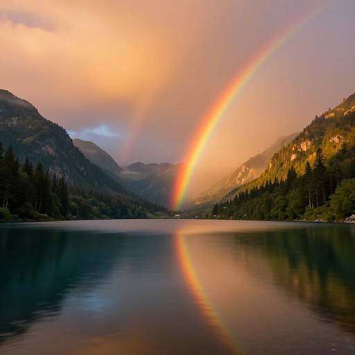 Photograph of a serene lake at sunrise, reflecting a vibrant rainbow arching across the misty mountains, with forested slopes and soft, golden sunlight