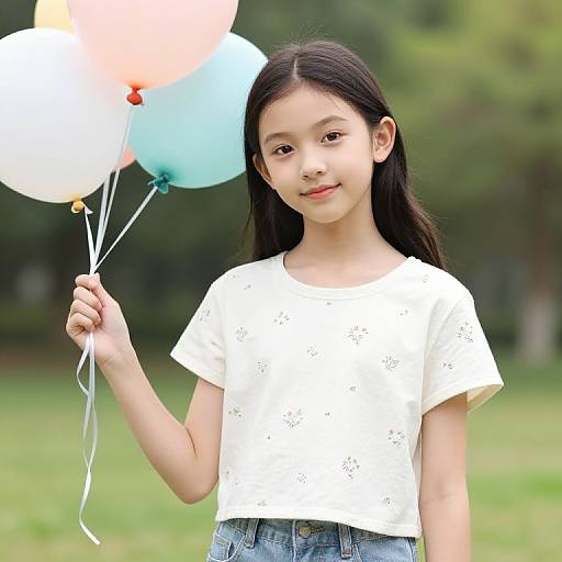 Photograph of an Asian girl with long black hair, wearing a white short-sleeve top and denim jeans, holding pastel balloons in a green