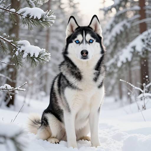 Photograph of a striking Siberian Husky with vivid blue eyes, black-and-white fur, sitting in a snowy forest, surrounded by snow-covered pine