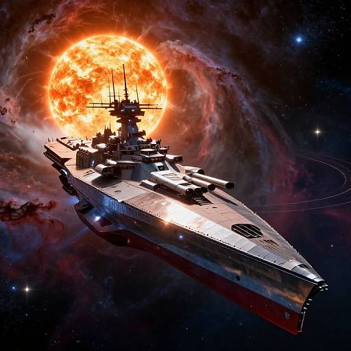 Digital artwork: A futuristic, silver-gray spaceship with intricate antenna and radar systems, illuminated by a glowing, fiery orange sun in a dark, starry