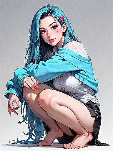 Anime Girl with Blue Hair Squatting