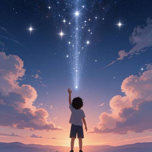 Digital anime-style illustration: Silhouetted child with tousled hair, arm raised, gazes at a star-studded, twilight sky with vibrant