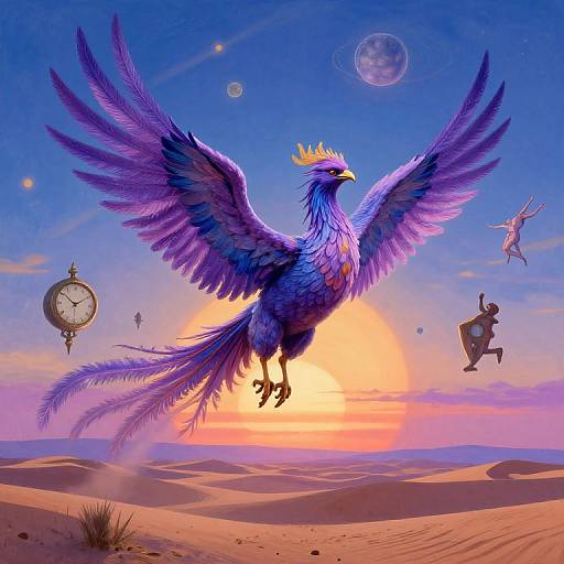 Fantastical digital painting of a vibrant purple phoenix with wings spread, soaring over a desert at sunset, surrounded by celestial bodies and surreal objects.