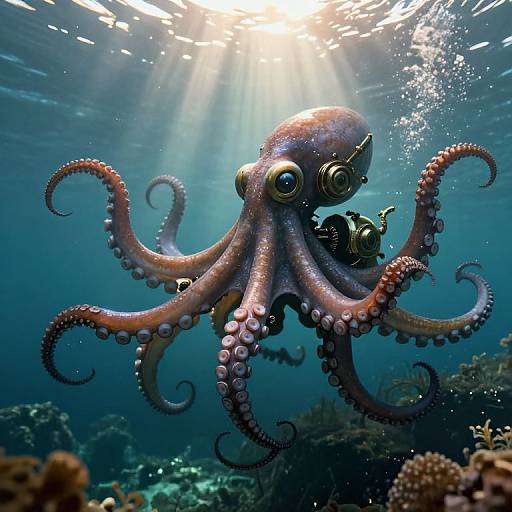 Photograph of a large, pinkish-purple octopus with large, round eyes and curled tentacles, swimming underwater near a small diver, with sunlight