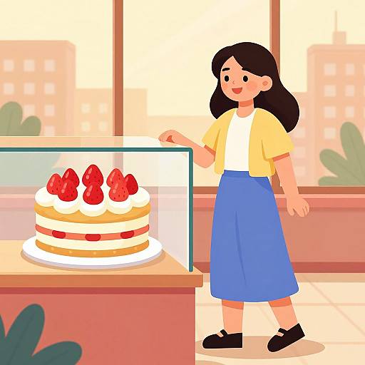 Digital illustration of a smiling Asian girl with black hair, wearing a yellow cardigan, white shirt, blue skirt, and black shoes, standing beside a