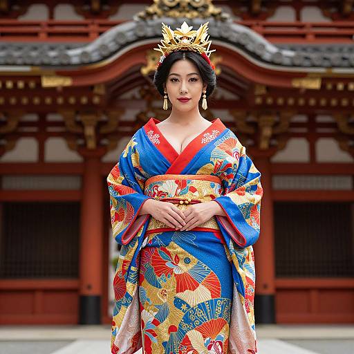 Photograph of an East Asian woman in a vibrant blue and red floral kimono, gold crown, and red lipstick, standing in front of a traditional