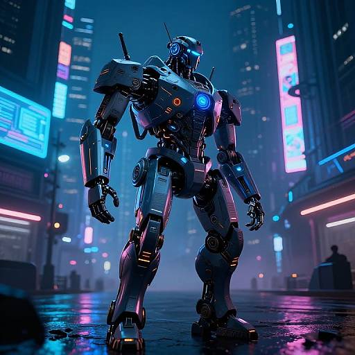 Cyberpunk-style CGI of a blue and black, glowing, humanoid robot standing in a neon-lit, rain-soaked city street.