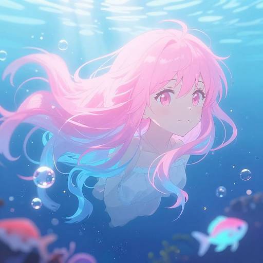 Anime-style digital drawing of a pink-haired girl with glowing eyes underwater, surrounded by bubbles and colorful fish, in a bright blue ocean.