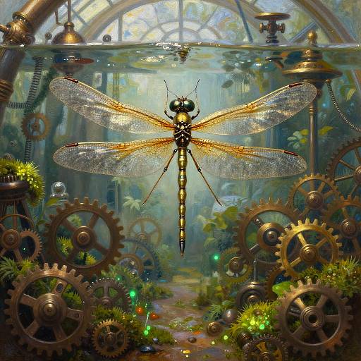 Digital artwork of a glowing, detailed dragonfly with transparent wings, suspended between steampunk gears and greenery, under an arched glass ceiling.