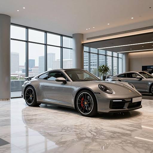 Photograph of a silver Porsche 911 sports car with black rims in a modern, brightly lit showroom with large windows.