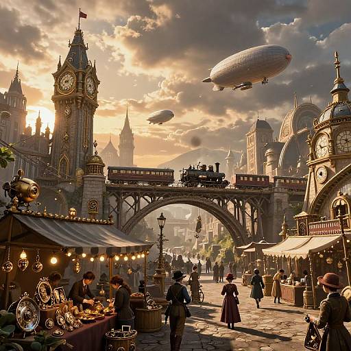 Steampunk market scene at sunset, with airships, clock tower, arched bridge, vendors, clock, and vintage clothing in a bustling street