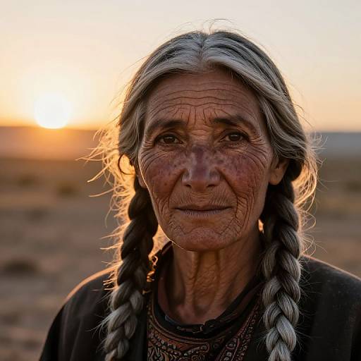 Photograph of an elderly Native American woman with long braided gray hair, sunlit desert background, wrinkled face, warm golden sunset, wearing traditional
