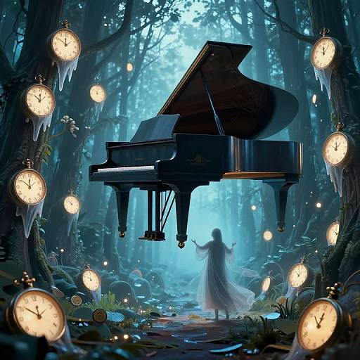 Magical forest scene with floating grand piano, surrounded by glowing clocks, and a silhouetted figure in a flowing dress.