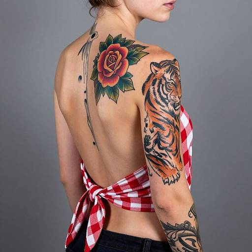 Photograph of a topless woman with tattoos: rose on upper back, tiger on right arm, bird on neck, wearing red checkered apron