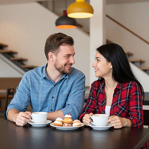 Photograph of a smiling couple with light skin, brown hair, and beards, sitting at a café table, holding cups of coffee, wearing blue